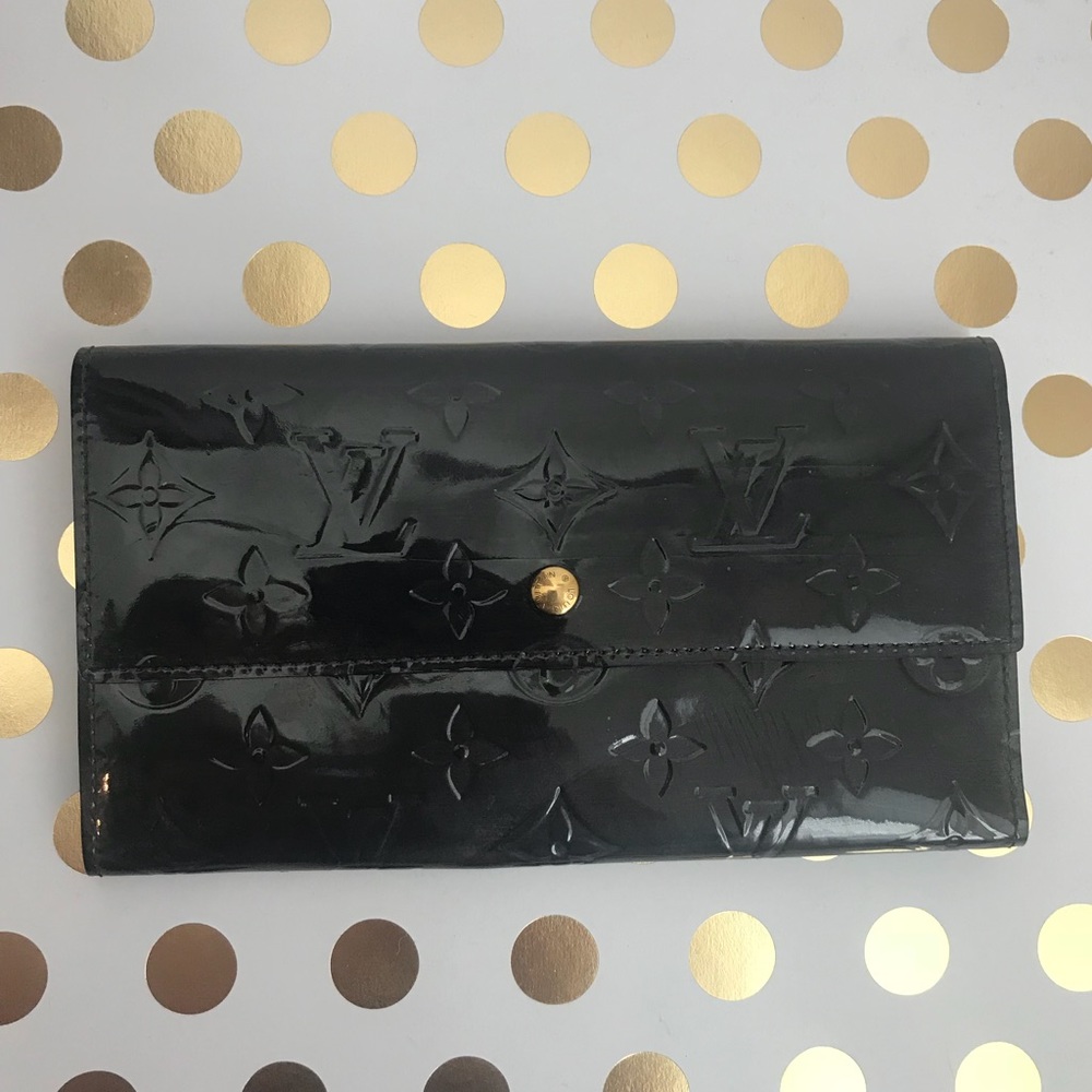 Louis Vuitton Black Vernis Monogram Long Wallet with Gold Button